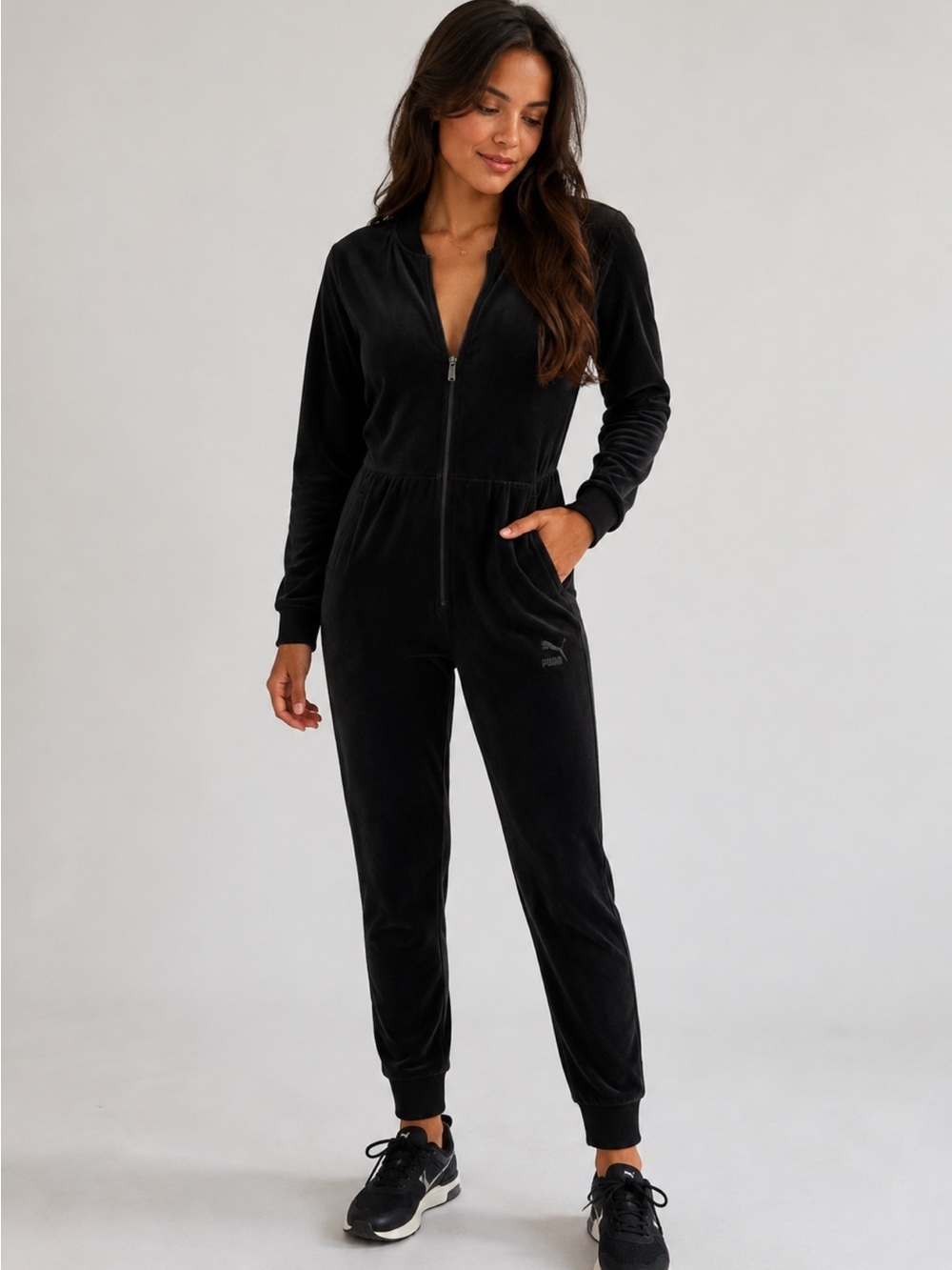 Puma Black Velor Jumpsuit with zipper and ribbed sleeves, ankles, neckline.